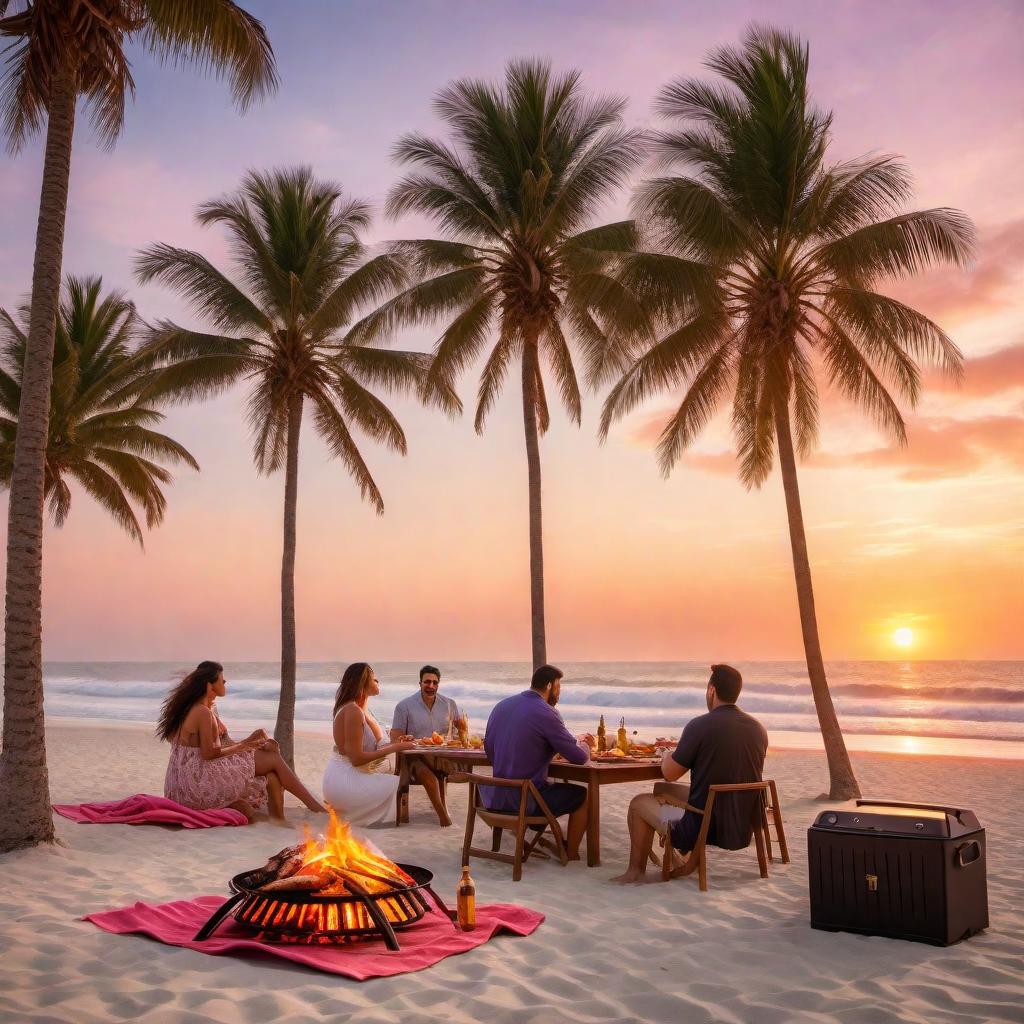  A picturesque scene of a beach sunset in Mexico with a family enjoying a barbecue. The sky is painted in warm hues of orange, pink, and purple as the sun sets over the ocean. Palm trees sway gently in the breeze, and colorful beach towels are spread out on the sand. The family is gathered around a grill cooking delicious Mexican cuisine, with joyful expressions on their faces. Seagulls soar in the sky, adding to the serene atmosphere of the scene. hyperrealistic, full body, detailed clothing, highly detailed, cinematic lighting, stunningly beautiful, intricate, sharp focus, f/1. 8, 85mm, (centered image composition), (professionally color graded), ((bright soft diffused light)), volumetric fog, trending on instagram, trending on tumblr, HDR 4K, 8K