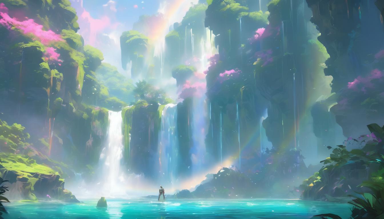  hyperrealism,fantasy aestheticA serene waterfall cascading into a crystal clear pool, surrounded by lush greenery, a rainbow arcing through the mist, tranquil scene, natural beauty, resilience through tranquility, high tech clothing clad in sleek, futuristic costume with metallic accents and form fitting designs, marvel superhero comics style, unreal engine rendering