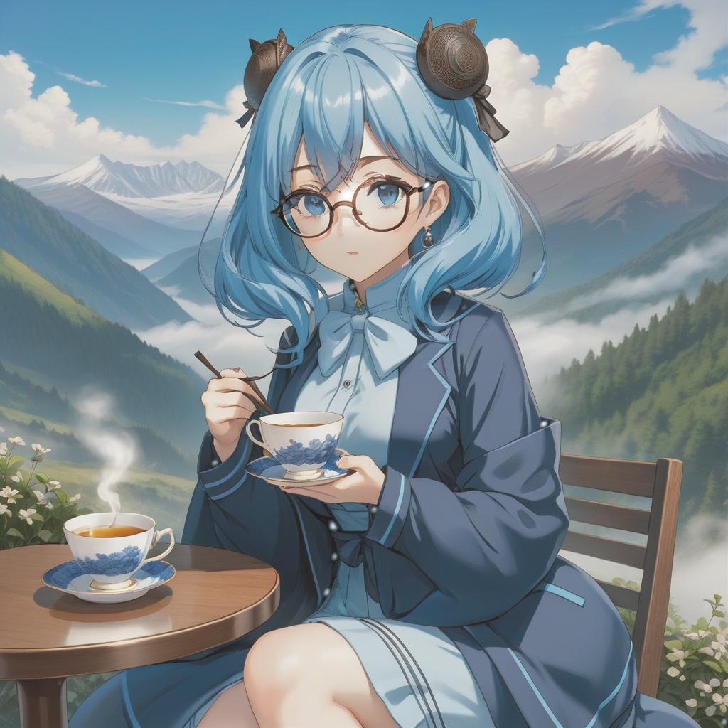  minimalist style make a anime girl with tea cup sketch, in blue colors, with round glasses, blue hair, casual style, old pic, carré hairstyle, only line art, hills and blue sky on background, use some collor #175eee, portrait mode . simple, clean, uncluttered, modern, elegant hyperrealistic, full body, detailed clothing, highly detailed, cinematic lighting, stunningly beautiful, intricate, sharp focus, f/1. 8, 85mm, (centered image composition), (professionally color graded), ((bright soft diffused light)), volumetric fog, trending on instagram, trending on tumblr, HDR 4K, 8K