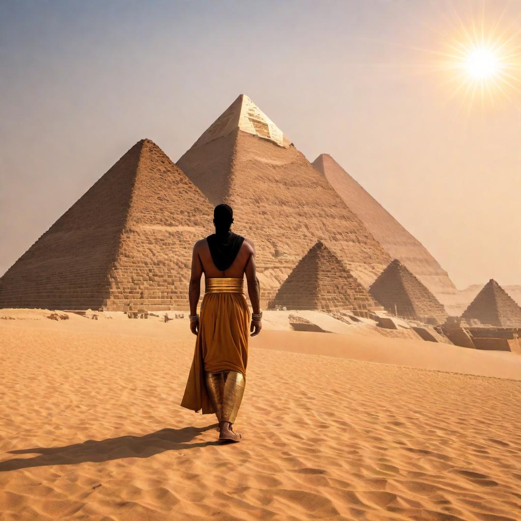  (Front view of a face) A person walking towards the pyramids in Egypt. Then the view shifts to the back of the person looking towards the horizon and the pyramids. The sun is setting on the horizon, casting a golden glow over the scene. The family logo and the Eye of Ra (𓂀) symbol come into the screen, with the sun in the pyramids' horizon as the backdrop. hyperrealistic, full body, detailed clothing, highly detailed, cinematic lighting, stunningly beautiful, intricate, sharp focus, f/1. 8, 85mm, (centered image composition), (professionally color graded), ((bright soft diffused light)), volumetric fog, trending on instagram, trending on tumblr, HDR 4K, 8K