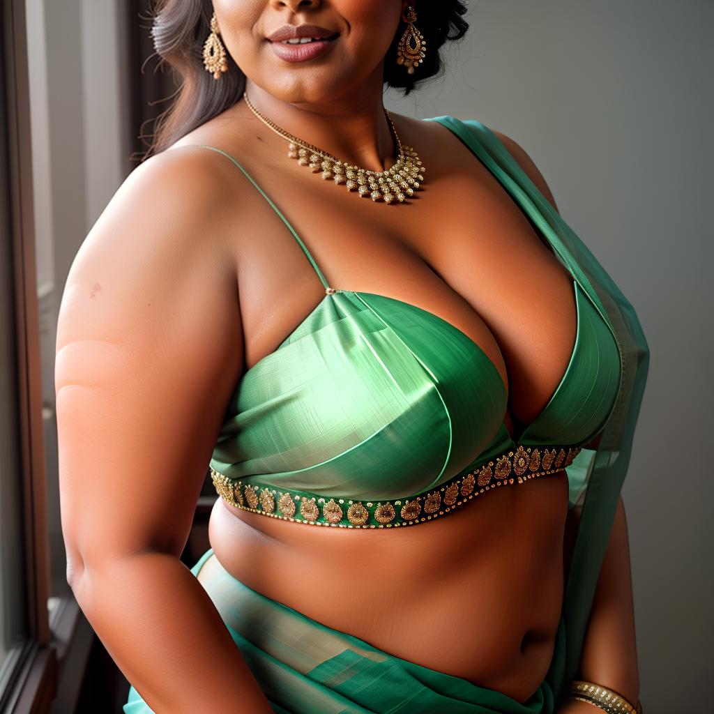  A young chubby indian woman in saree pallu drapery,  side pose, bbw, big boobs size hyperrealistic, full body, detailed clothing, highly detailed, cinematic lighting, stunningly beautiful, intricate, sharp focus, f/1. 8, 85mm, (centered image composition), (professionally color graded), ((bright soft diffused light)), volumetric fog, trending on instagram, trending on tumblr, HDR 4K, 8K