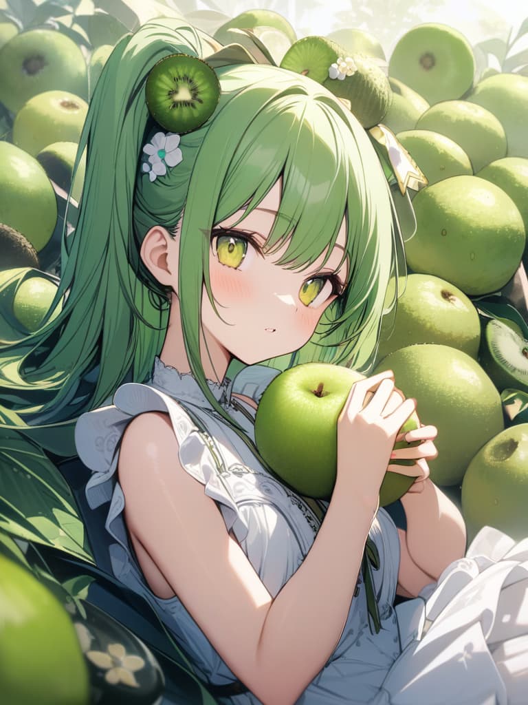  Cute, girl, long hair, thin body, kiwi fruit, kiwi decoration, yellow green eyes, yellow green hair, half twin tail, frill dress, masterpiece, best quality,8k,ultra detailed,high resolution,an extremely delicate and beautiful,hyper detail