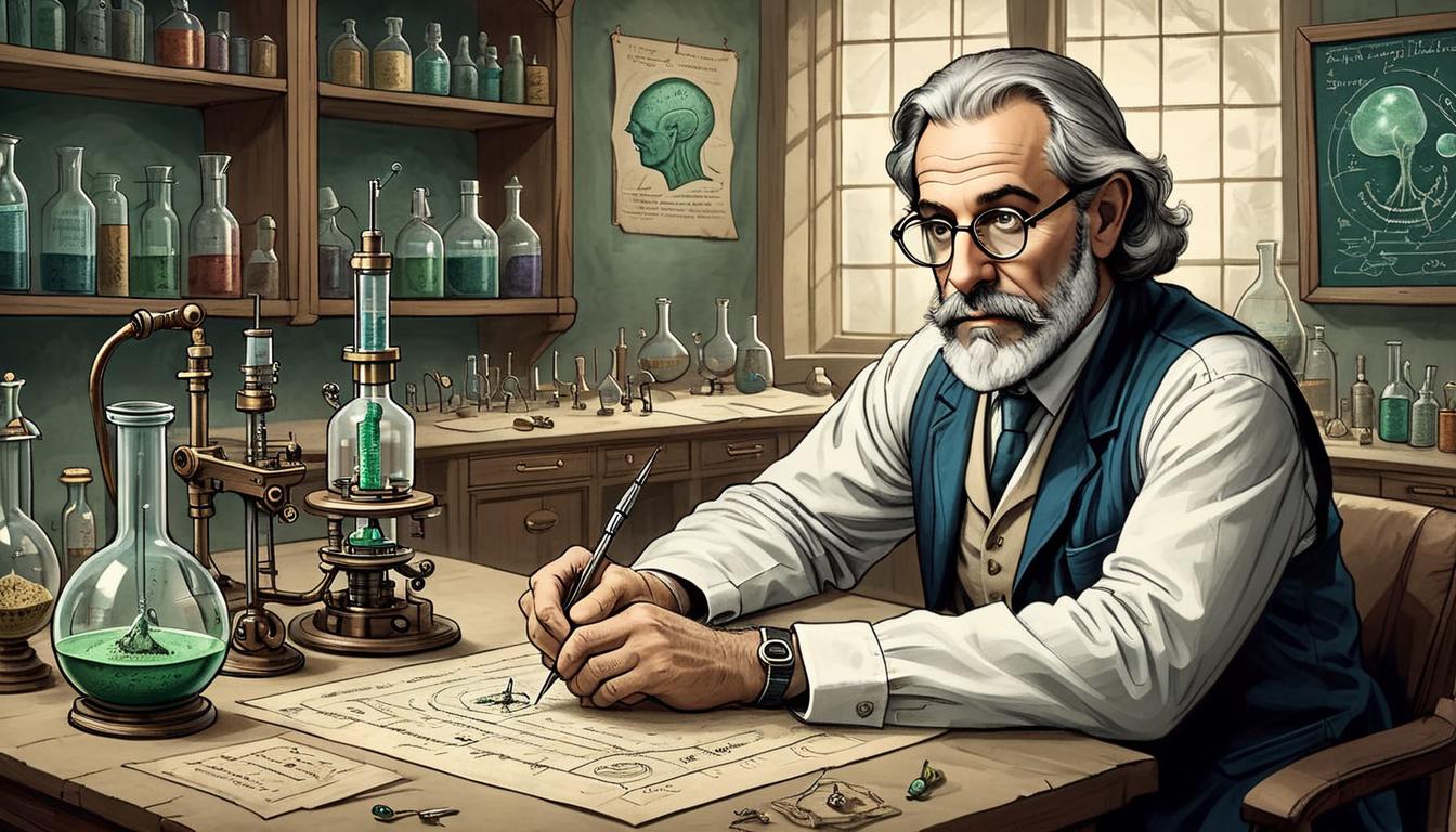  on parchment, surrealism+++, Dr. Moshe Szyf, depicted in a thoughtful pose, laboratory setting, showcasing epigenetic research, scientific equipment around, intellectual intensity, scholarly atmosphere(mysterious, provocative, symbolic,muted color)+++