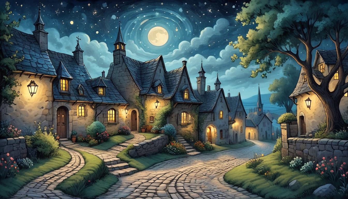  on parchment, surrealism+++, Quaint village under a starry sky, a pathway leading out towards the horizon, gentle glow from night sky. Cobblestone street, dense foliage on either side, tranquil, new beginnings(mysterious, provocative, symbolic,muted color)+++