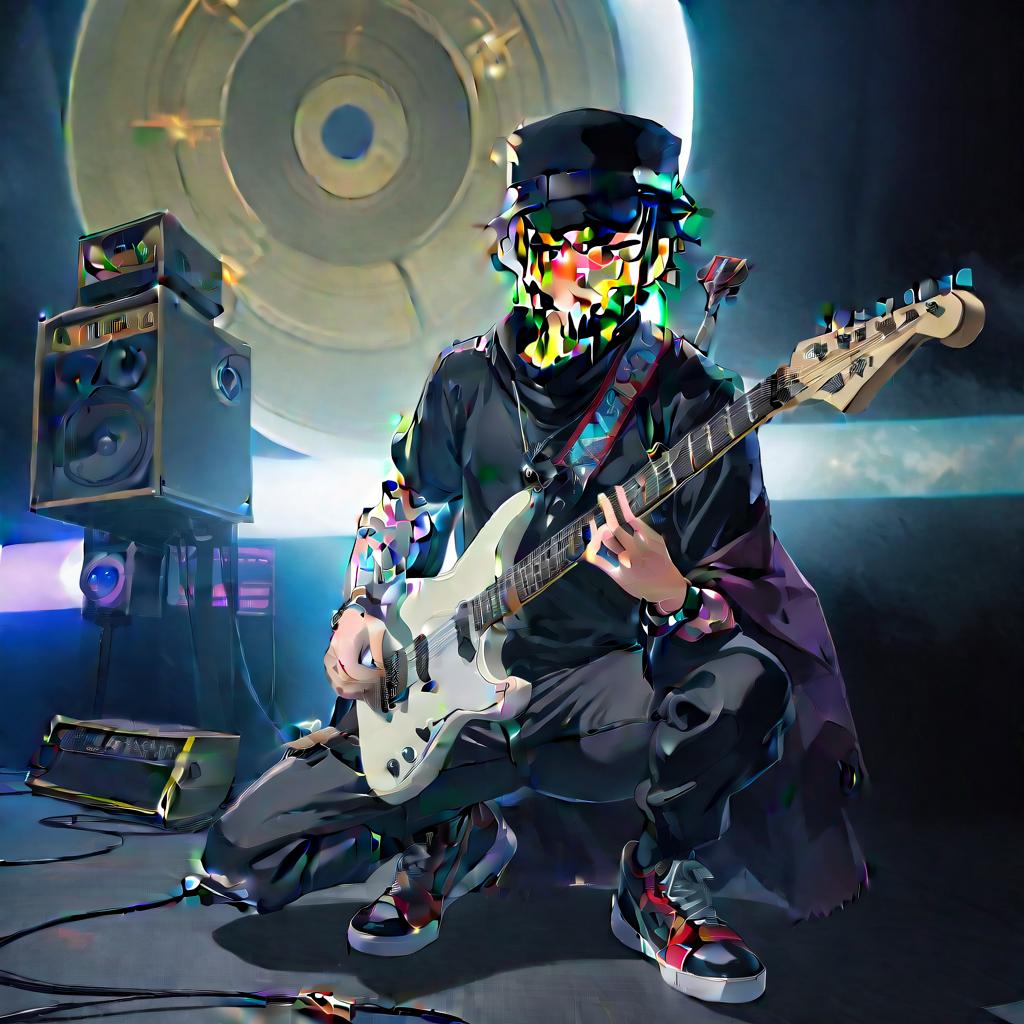  anime artwork Character, front, side views, full length with legs and all parts, concept art, a man with a beard playing a guitar, head with hat, black sneakers on feet, tesseract, clayton crain, holding electric guitar, tattoed left hand, scenic full shot, a picture, by Kamisaka Sekka, pixiv contest winner, shin hanga, gorillaz album cover, detail shot, magazine scan, urusei yatsura, 2d, anime, extremely hyper detailed clothing, modest clothes, (extremely hyper detailed face), (masterpiece:1.4), (perfect eyes:1.1), (deep eyes), 32K HD, rough, intense look . anime style, key visual, vibrant, studio anime, highly detailed hyperrealistic, full body, detailed clothing, highly detailed, cinematic lighting, stunningly beautiful, intricate, sharp focus, f/1. 8, 85mm, (centered image composition), (professionally color graded), ((bright soft diffused light)), volumetric fog, trending on instagram, trending on tumblr, HDR 4K, 8K