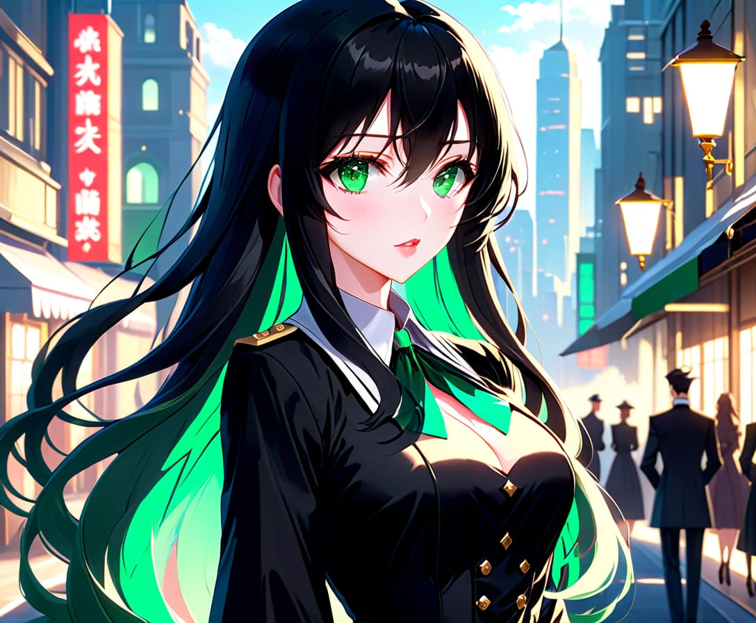  anime artwork beautiful , , green eyes, long black wavy hair, slender figure, small neat s, dressed in a black dress with a white collar and white cuffs, full length, against the backdrop of a modern city. (photorealism, oil painting: 1.3), (full length shot: 1.3), mesmerizing , long flowing black hair, (large sensual mouth: 1.2), plump lips, sparkling emerald eyes, narrow waist, (sensual figure: 1,2), silvery glow, ethereal aura, detailed brushwork, intricate shadows and highlights, mysterious and captivating expression, unique color palette, masterful use of light and shadow, captivating atmosphere, raw emotion, intense gaze, dynamic composition . . anime style, key visual, vint, studio anime, highly d hyperrealistic, full body, detailed clothing, highly detailed, cinematic lighting, stunningly beautiful, intricate, sharp focus, f/1. 8, 85mm, (centered image composition), (professionally color graded), ((bright soft diffused light)), volumetric fog, trending on instagram, trending on tumblr, HDR 4K, 8K