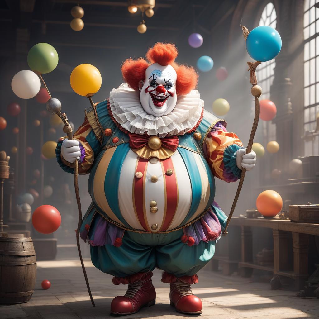  Create a character for DnD: a chubby clown holding a baton made of balls. The background is a white canvas. His costume should include a complete clown outfit designed in one style, and the clown shouldn't be too chubby. The character should be created in a 3D model style, not a real image. His face should have a very kind and friendly expression. hyperrealistic, full body, detailed clothing, highly detailed, cinematic lighting, stunningly beautiful, intricate, sharp focus, f/1. 8, 85mm, (centered image composition), (professionally color graded), ((bright soft diffused light)), volumetric fog, trending on instagram, trending on tumblr, HDR 4K, 8K