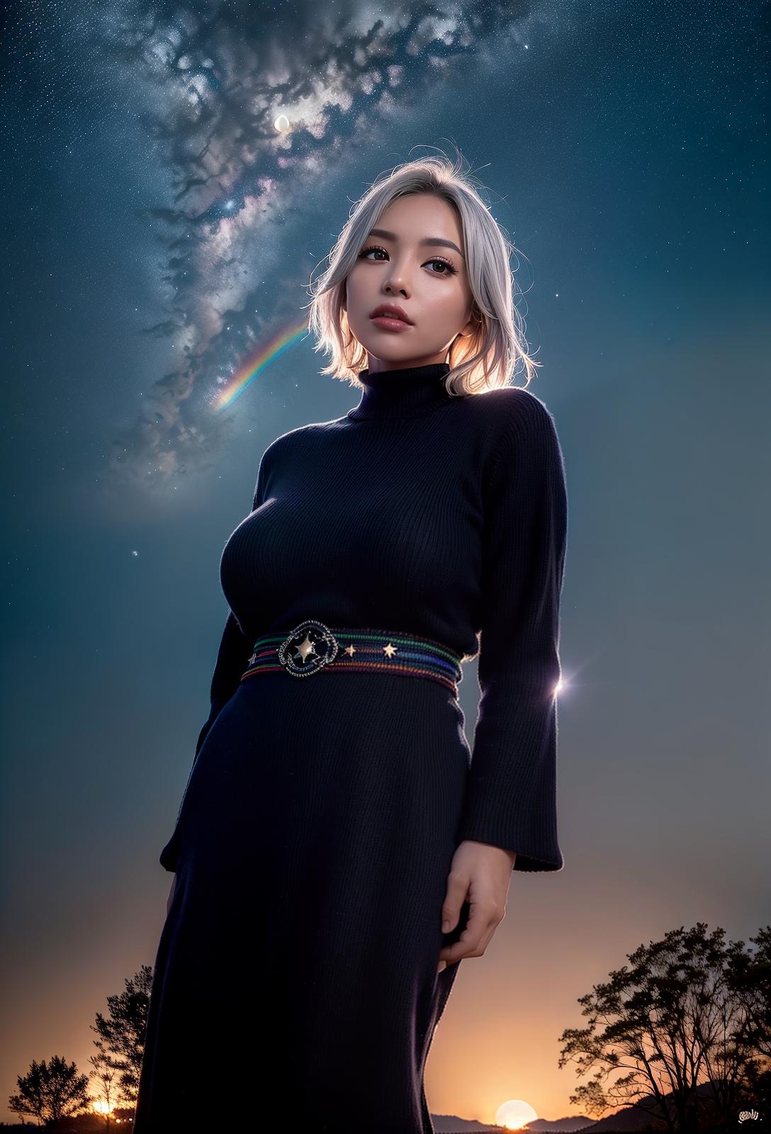  High quality, 4K, high resolution, realistic, night sky, beautiful women, full time smiles, big eyes, plump breasts, constricted waist, outstanding style, narrow ankles, wide landscape photos, short hair, light silver color Hair, (seen from below, the sky is above, and the open field is below), a beautiful woman standing up in the flower garden, (full moon: 1.2), (meteor: 0.9), (star cloud: 1.3) , Northern mountains, trees destroy art, (warm light: 1.2), (fireflies: 1.2), light, purple and orange, complex details, volumetric lighting break (masterpiece: 1.2), (maximum quality) , 4K, super detail, (dynamic configuration: 1.4), rich colors, (rainbow color: 1.2), (shine, lighting with atmosphere), dreamy, light silver hair, stars, many stars,