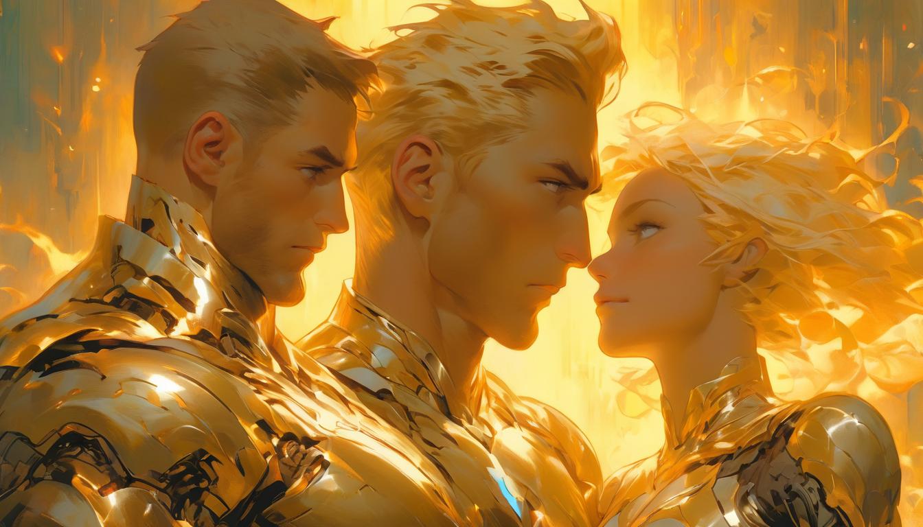  hyperrealism,fantasy aesthetic1woman1man, large busted attractive blonde arian female humanoid and handsome male humanoid, transcending physical realms, golden aura, expressions of peace, high tech clothing clad in sleek, futuristic costume with metallic accents and form fitting designs, marvel superhero comics style, unreal engine rendering