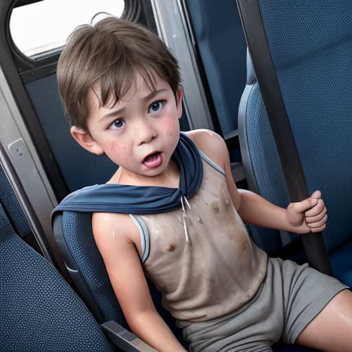  a very sweaty very young boy, caught on a public bus, is discovered by the viewer. The young 's face is rendered in exquisite detail, a look of and arousal as he realizes he's been caught the boy on the bus seat lets out a stream of warm, viscous liquid shooting out from his huge engorged erect tip coating his and splattering onto the floor of the bus, the pinnacle of his is his sweaty features, high-angle shot, dramatic angle, extreme angle shot, photo-realistic, volumetric fog, 85mm lens, HDR, cinematic