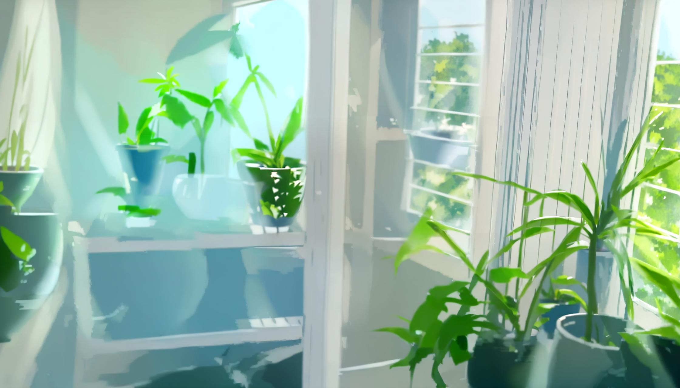  anime screenshot composed of a few potted plants are on a shelf next to a window, studio ghibli style,anime style,clear,sharp, symmetrical, soft lighting, sky, flat colours, sharp, nice lines