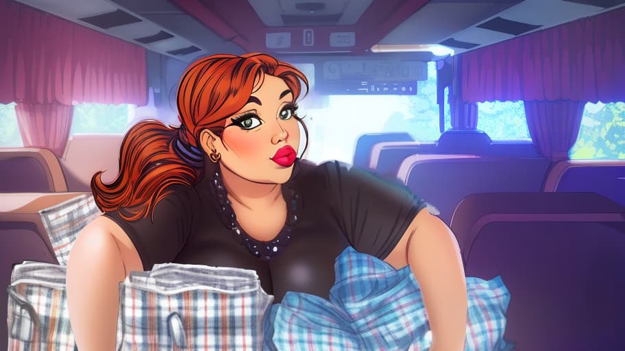  A full figured woman with bags in a bus. hyperrealistic, full body, detailed clothing, highly detailed, cinematic lighting, stunningly beautiful, intricate, sharp focus, f/1. 8, 85mm, (centered image composition), (professionally color graded), ((bright soft diffused light)), volumetric fog, trending on instagram, trending on tumblr, HDR 4K, 8K