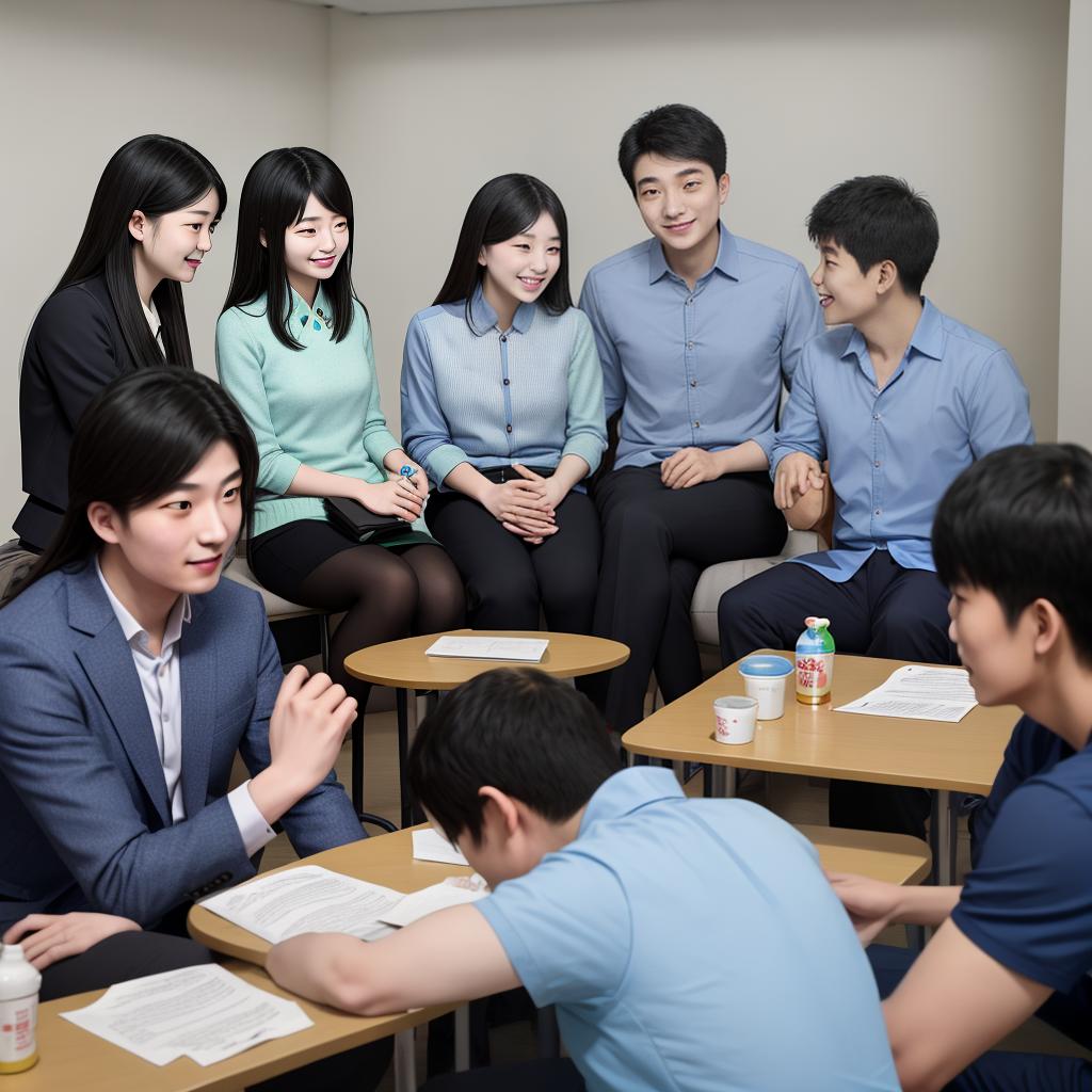  In a Chinese university, a counselor is giving psychological counseling to the students under his supervision. The students benefit a lot from it. The students are very grateful to him. The counselor has a smile on his face.