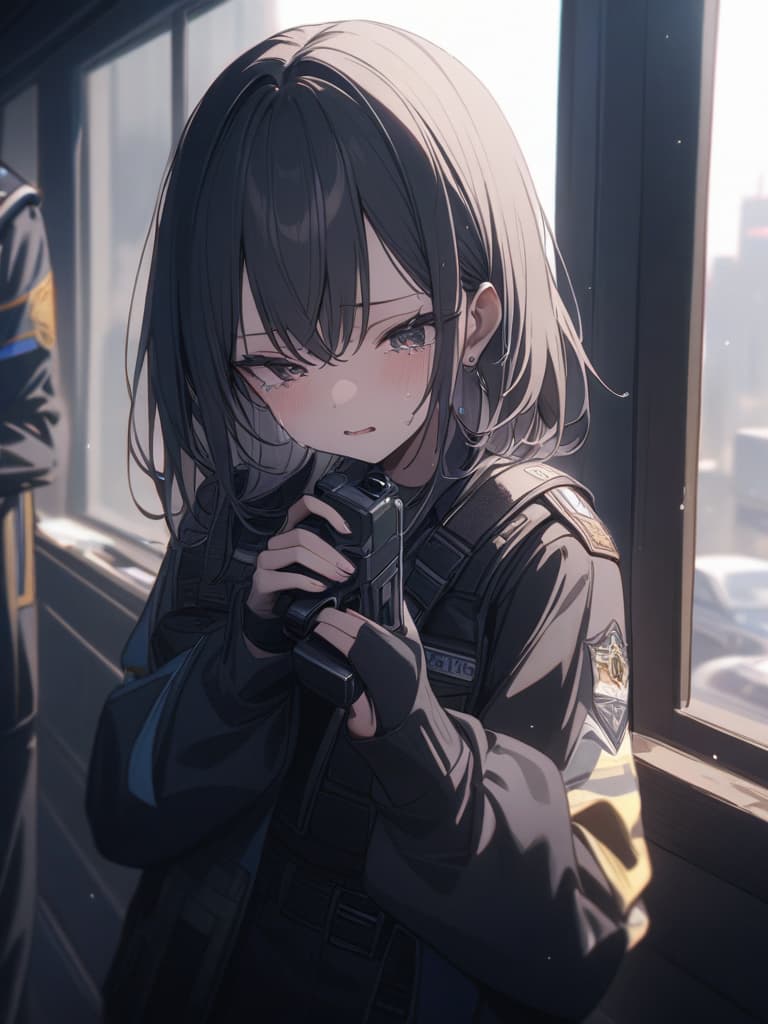  Police officer, emo, justice, shooting with handguns, crying, cute, girl, masterpiece, best quality,8k,ultra detailed,high resolution,an extremely delicate and beautiful,hyper detail