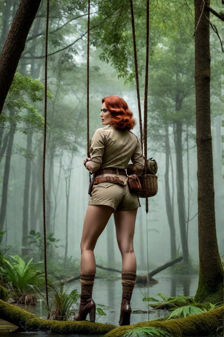  a 1920’s era young female,auburn haired,jungle explorer , wearing her khaki shorts and shirt with khaki knee socks , grabs onto a rope while waist deep in a swamp hyperrealistic, full body, detailed clothing, highly detailed, cinematic lighting, stunningly beautiful, intricate, sharp focus, f/1. 8, 85mm, (centered image composition), (professionally color graded), ((bright soft diffused light)), volumetric fog, trending on instagram, trending on tumblr, HDR 4K, 8K