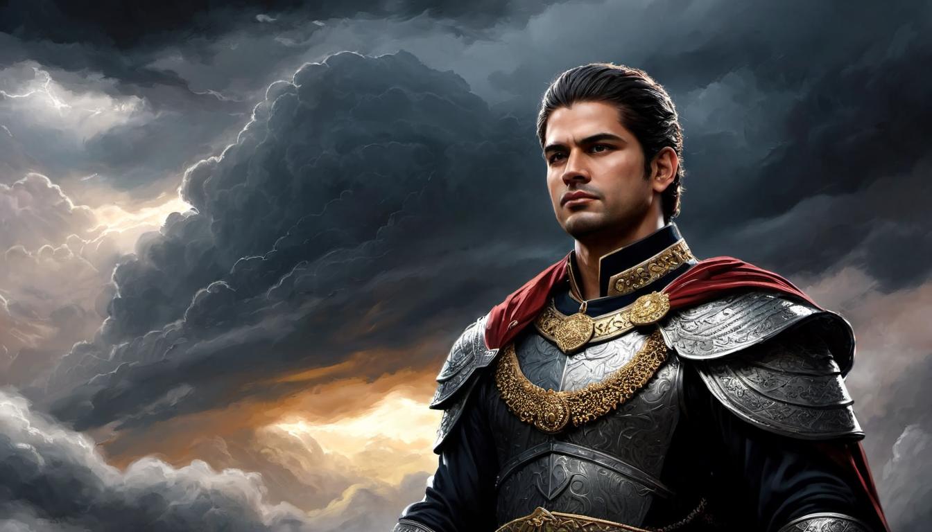  digital painting of Nimrod, male figure, broad shoulders, back straight, adorned with regal accessories, sky darkened with looming storm clouds, defiant, commanding, confident looking at viewer, dynamic pose, (intricate details, masterpiece, best quality)