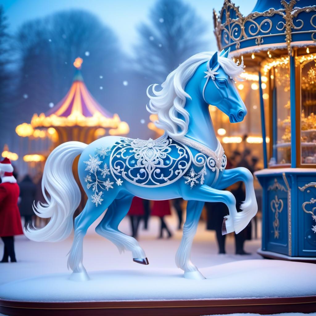  ethereal fantasy concept art of Digital image (double exposure). An attraction in a park. A carousel of ice ponies spinning to the rhythm of a blizzard. Manes of thin openwork snowflakes. Sparkling, sparkling blue neon. Shades of white to blue. (Christmas decor: candy, caramel, wreath, poisettia). Unusual designs, sparkling surfaces. Lots of snowflakes. White snow. Silver filigree, pattern. Stylisation, decorative. Background : surrealist abstraction. Stylistics : fantasy, fairy tale, Soviet animation. High quality. . magnificent, celestial, ethereal, painterly, epic, majestic, magical, fantasy art, cover art, dreamy, hkmagic hyperrealistic, full body, detailed clothing, highly detailed, cinematic lighting, stunningly beautiful, intricate, sharp focus, f/1. 8, 85mm, (centered image composition), (professionally color graded), ((bright soft diffused light)), volumetric fog, trending on instagram, trending on tumblr, HDR 4K, 8K