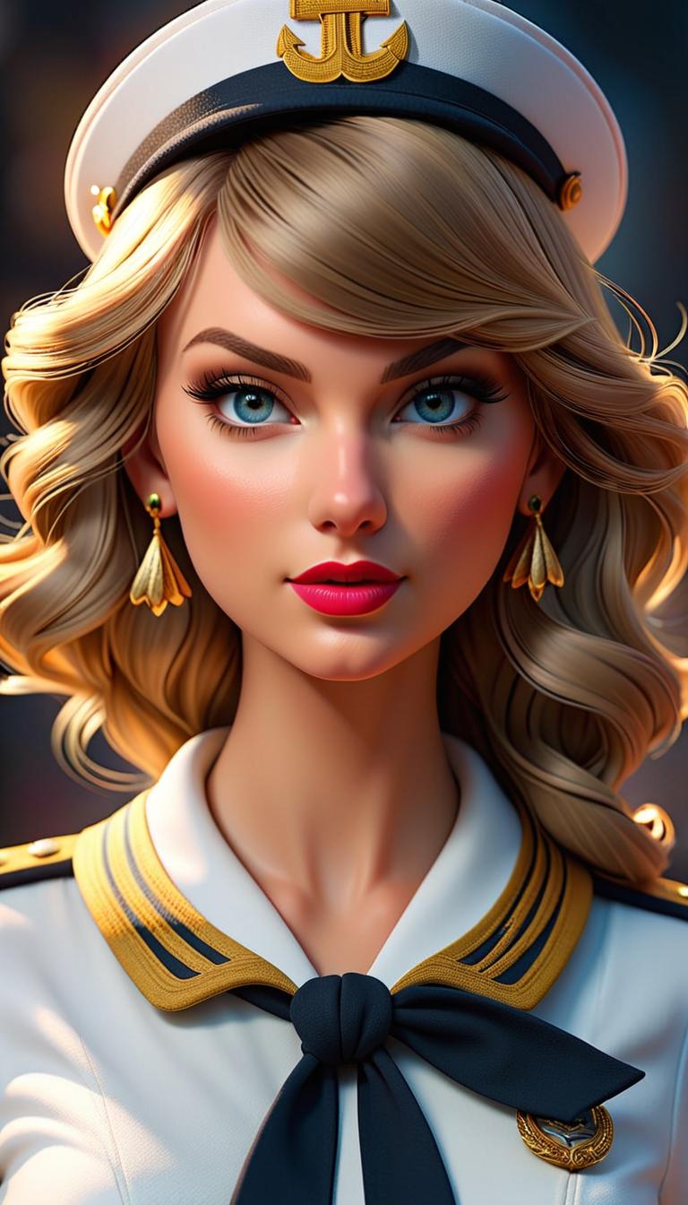  Professional 3D model of Taylor Swift as a sailor . Rendered with Octane, the model is highly detailed,dramatic lighting. hyperrealistic, full body, detailed clothing, highly detailed, cinematic lighting, stunningly beautiful, intricate, sharp focus, f/1. 8, 85mm, (centered image composition), (professionally color graded), ((bright soft diffused light)), volumetric fog, trending on instagram, trending on tumblr, HDR 4K, 8K