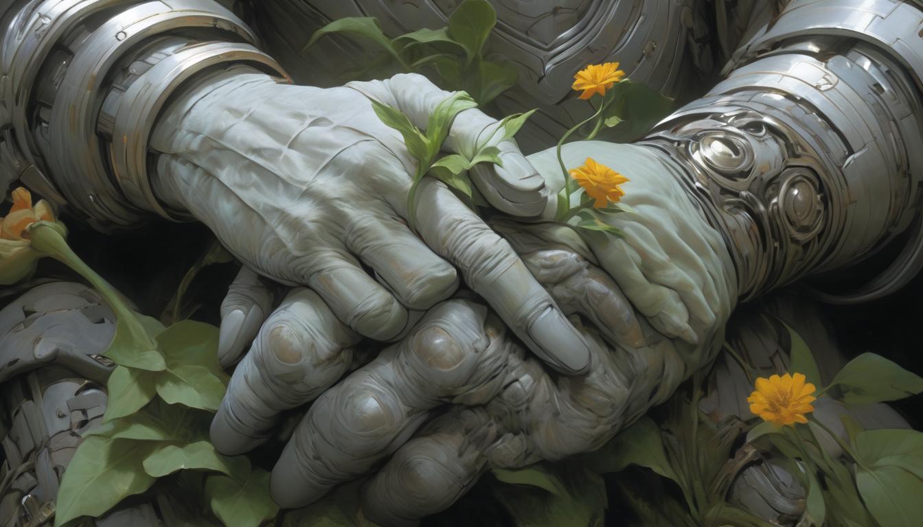  hyperrealism,fantasy aestheticTwo intertwined hands, detailed wrinkles and textures, one holding a pristine flower, contrast between the hands and the flower, symbolizing quality relationships, intimacy, connection}}}, high tech clothing clad in sleek, futuristic costume with metallic accents and form fitting designs, marvel superhero comics style, unreal engine rendering