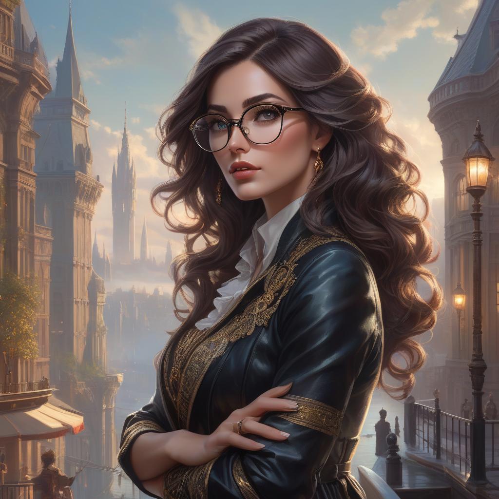  woman with glasses standing in front of a city, inspired by Magali Villeneuve, fantasy art, girl with brown hair, tom bagshaw donato giancola, konstantin razumov, harry potter portrait, style of peter mohrbacher, with black eyeglasses, magali villeneuve and monet, ornate hair, bussiere rutkowski andreas rocha Started from image: hyperrealistic, full body, detailed clothing, highly detailed, cinematic lighting, stunningly beautiful, intricate, sharp focus, f/1. 8, 85mm, (centered image composition), (professionally color graded), ((bright soft diffused light)), volumetric fog, trending on instagram, trending on tumblr, HDR 4K, 8K