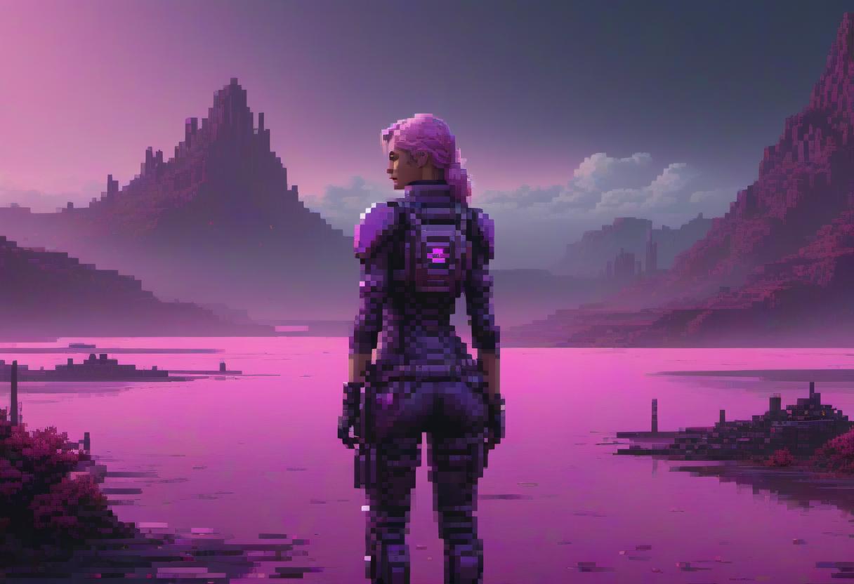  Pixel art. Pinkish shades. Violet, silver, and black. Landscape from a futuristic and apocalyptic computer game. Biomechanics. Dark tones. Lots of details. Pixels. Night. Grunge and metal. Cyberpunk. hyperrealistic, full body, detailed clothing, highly detailed, cinematic lighting, stunningly beautiful, intricate, sharp focus, f/1. 8, 85mm, (centered image composition), (professionally color graded), ((bright soft diffused light)), volumetric fog, trending on instagram, trending on tumblr, HDR 4K, 8K