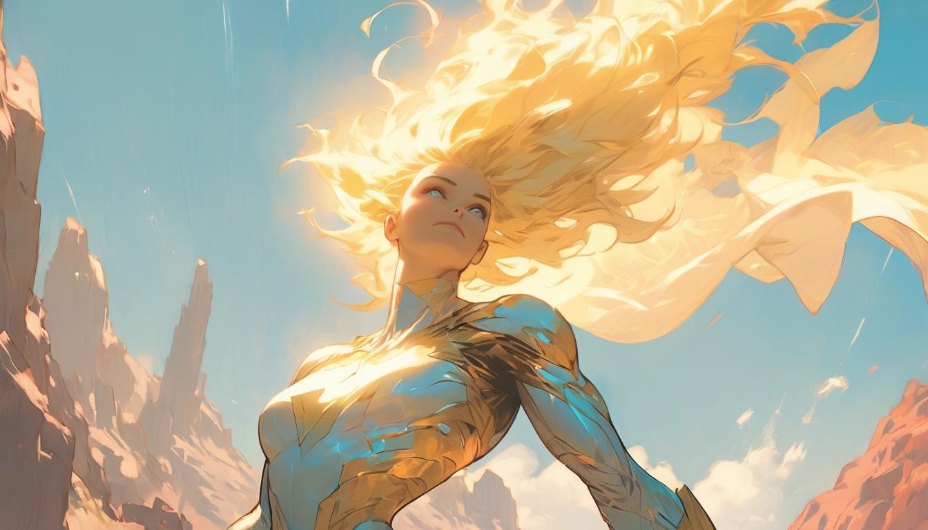  hyperrealism,fantasy aesthetic1woman, large busted attractive blonde arian female humanoid, standing on a mountaintop, hands outstretched to the sky, clear blue sky with bright sunlight, mood of liberation and purity, high tech clothing clad in sleek, futuristic costume with metallic accents and form fitting designs, marvel superhero comics style, unreal engine rendering