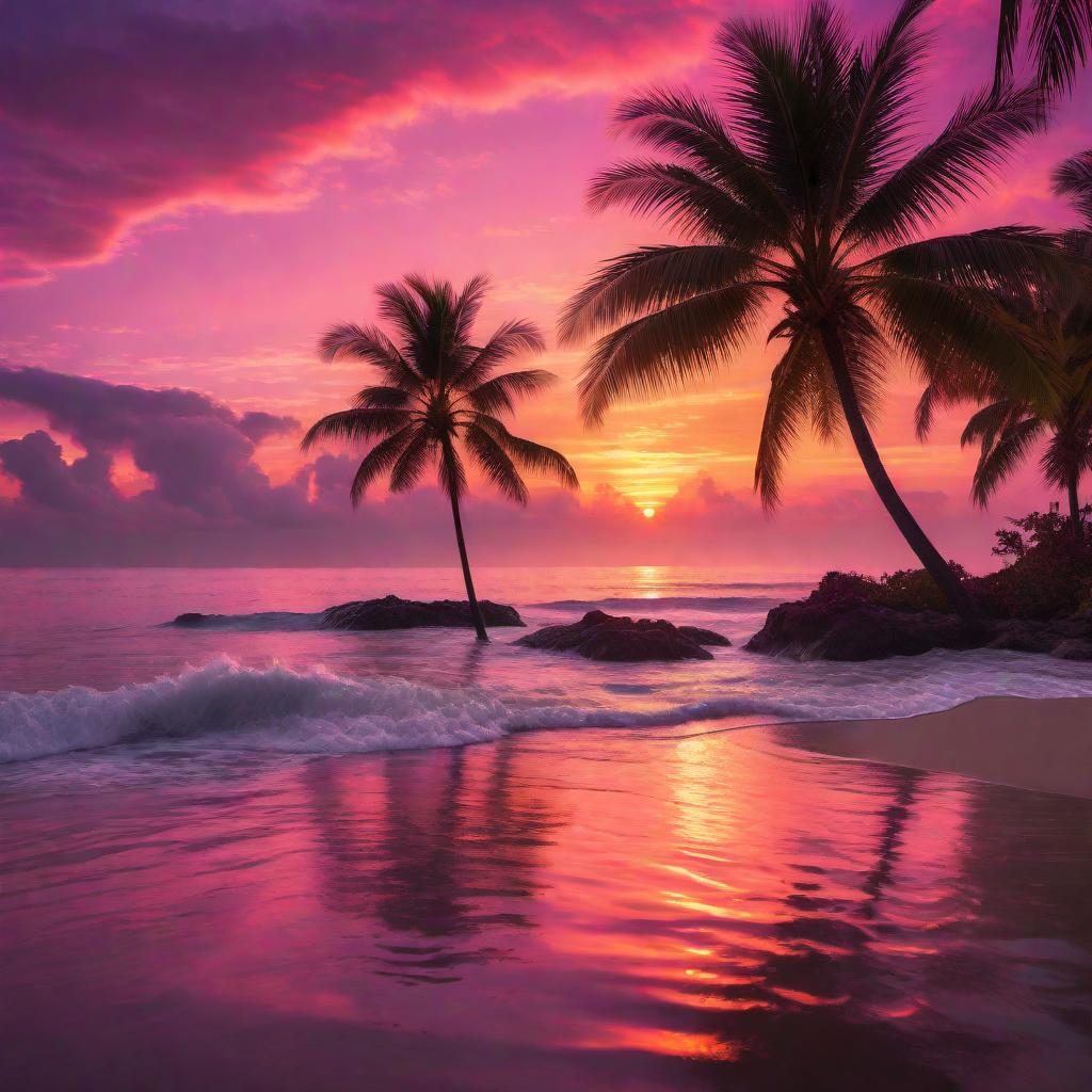  A beautiful sunset scene over a serene ocean, depicted in neon colors. The sky is painted with vibrant shades of neon orange, pink, and purple as the sun dips below the horizon. Gentle waves ripple towards the shore, where soft golden sand meets the water, all illuminated in neon hues. Silhouettes of palm trees frame the scene, with neon accents, and a few fluffy clouds, catching the neon colors of the setting sun, are scattered across the sky. The overall atmosphere is calm and tranquil, with the neon colors reflecting off the water’s surface. hyperrealistic, full body, detailed clothing, highly detailed, cinematic lighting, stunningly beautiful, intricate, sharp focus, f/1. 8, 85mm, (centered image composition), (professionally color graded), ((bright soft diffused light)), volumetric fog, trending on instagram, trending on tumblr, HDR 4K, 8K