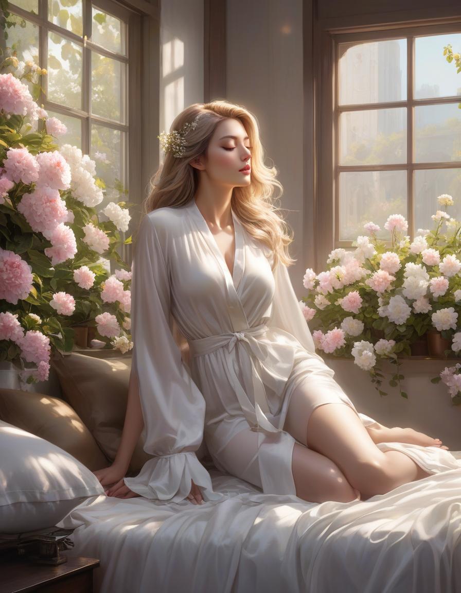  concept art A woman is peacefully asleep amid white sheets and blooming flowers, with soft light streaming through a window. a woman laying on top of a bed next to a window, a photorealistic painting, inspired by Magali Villeneuve, trending on Artstation, fantasy art, girl in a bed of flowers, soft pale golden skin, portrait of a woman sleeping, in the early morning, jingna zhang . digital artwork, illustrative, painterly, matte painting, highly detailed hyperrealistic, full body, detailed clothing, highly detailed, cinematic lighting, stunningly beautiful, intricate, sharp focus, f/1. 8, 85mm, (centered image composition), (professionally color graded), ((bright soft diffused light)), volumetric fog, trending on instagram, trending on tumblr, HDR 4K, 8K