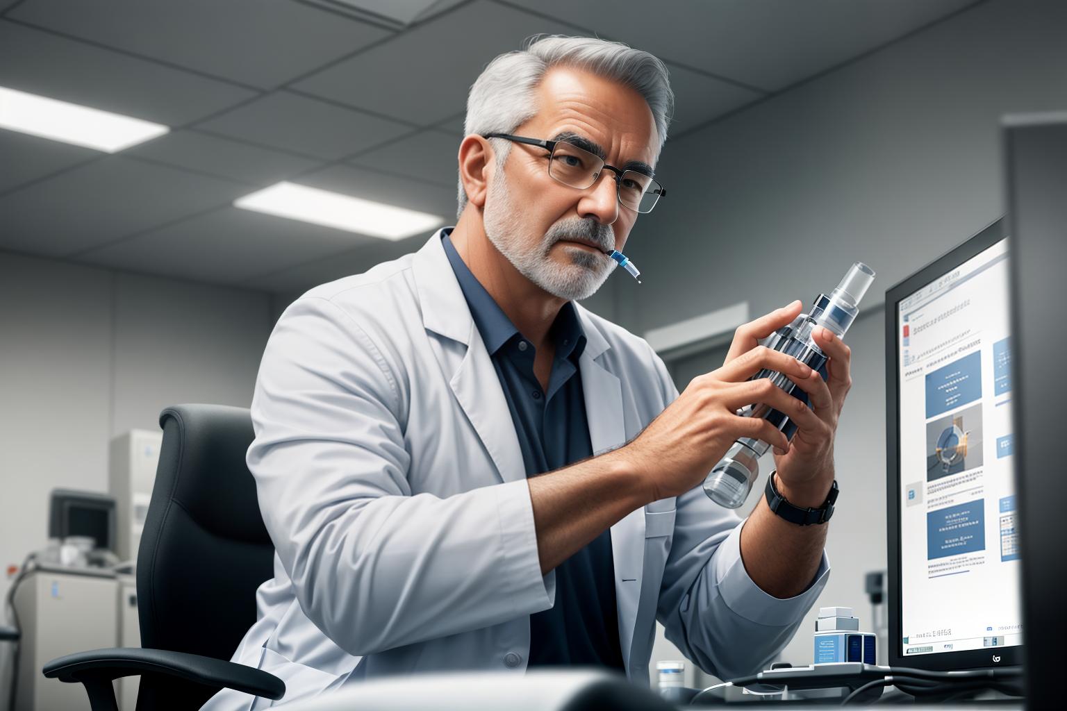  "Depict a middle aged male in a clinical setting, seated and using a spirometer to measure lung function. The background is a clean, well lit doctor's office with medical posters on the wall, subtly blurred to keep focus on the patient. The man looks concerned but cooperative, highlighting the seriousness of COPD. The image is realistic, detailed, and close up, capturing the man's facial expression and the spirometer in use. Use high quality, photorealistic style modifiers to enhance the authenticity and emotional impact of the scene."Ensure no face,leg,hand or eye defomities.Ensure all images are clear, detailed, contains no text and no deformities. realistic, highly detailed, photorealistic, cinematic lighting, intricate, sharp focus, f/1 hyperrealistic, full body, detailed clothing, highly detailed, cinematic lighting, stunningly beautiful, intricate, sharp focus, f/1. 8, 85mm, (centered image composition), (professionally color graded), ((bright soft diffused light)), volumetric fog, trending on instagram, trending on tumblr, HDR 4K, 8K