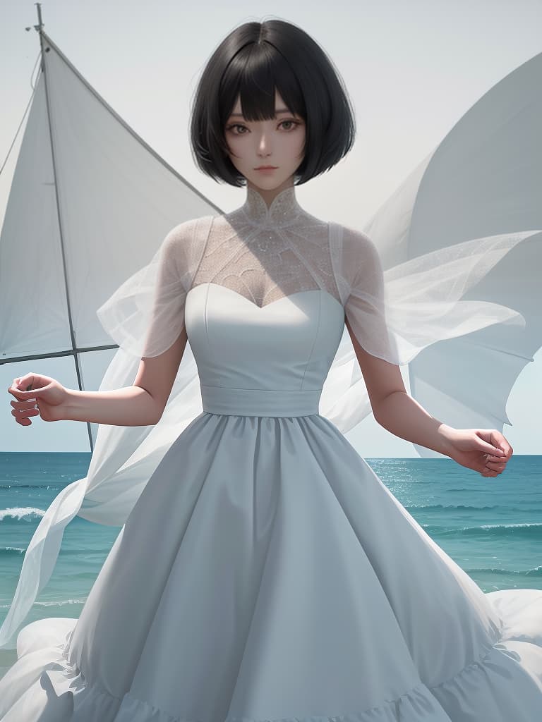  Black hair bob, white dress, whole body, beach, masterpiece, best quality,8k,ultra detailed,high resolution,an extremely delicate and beautiful,hyper detail