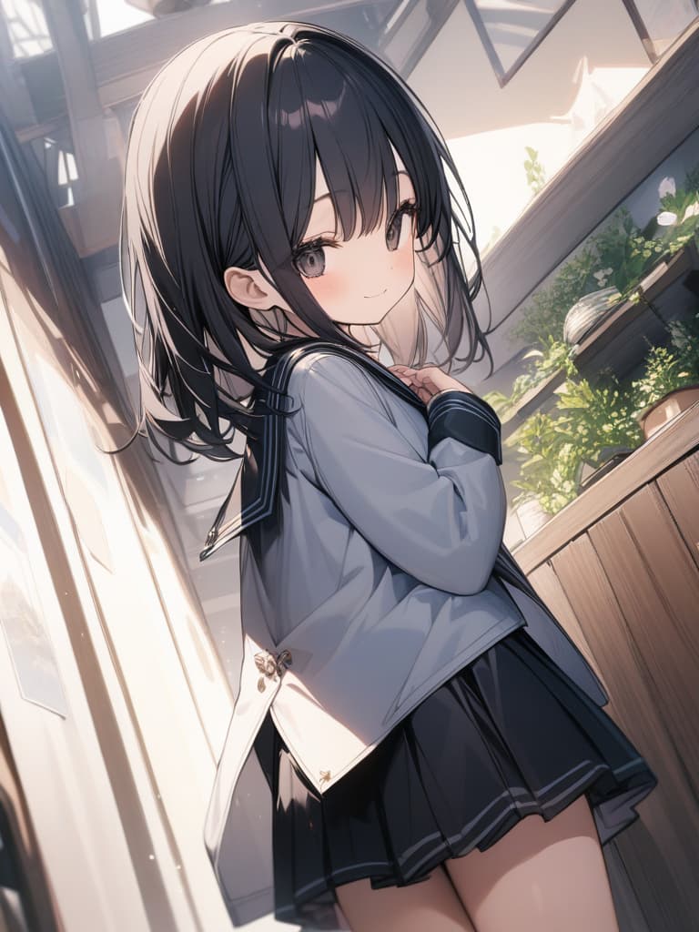  Cute, girl, big eyes, skirts, black clothes, black sailor clothes, shelled, black eyes, smiles, young face, black hair, two ties., masterpiece, best quality,8k,ultra detailed,high resolution,an extremely delicate and beautiful,hyper detail