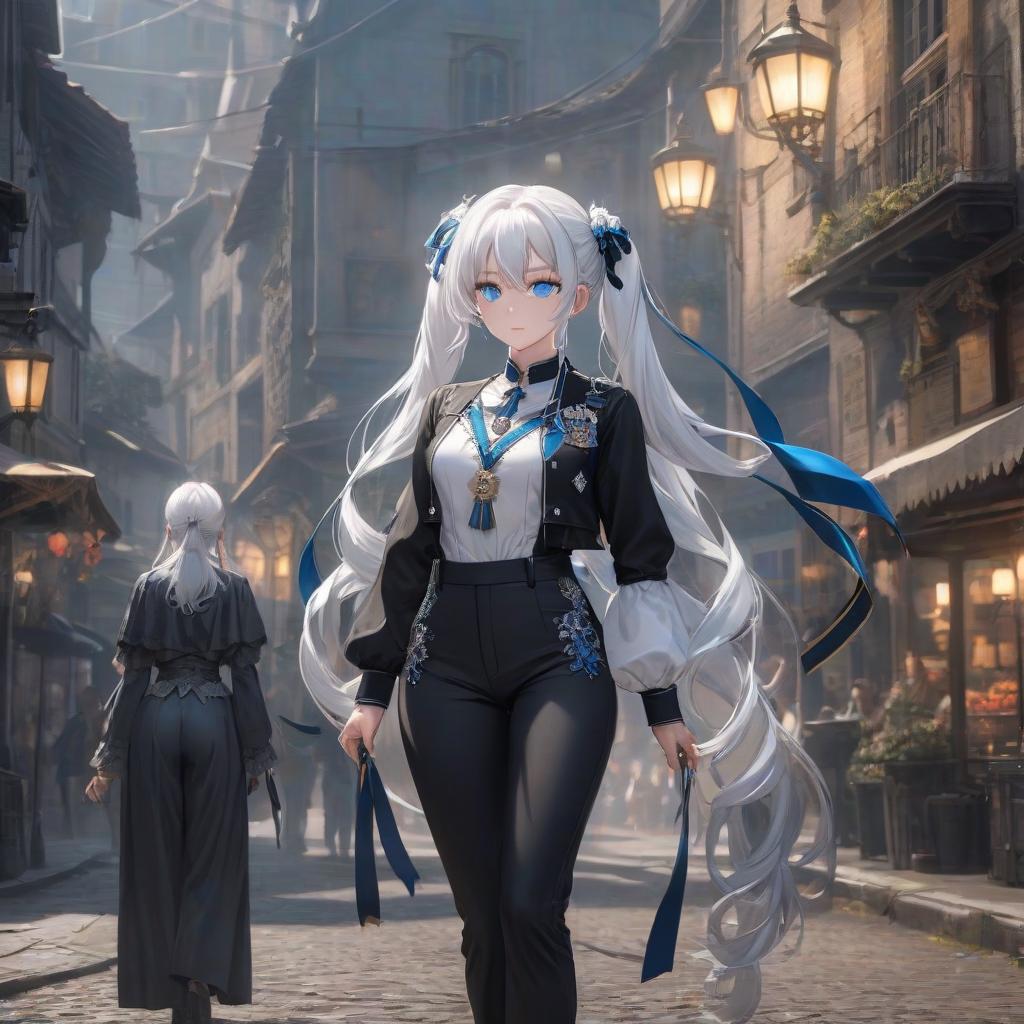  The has white hair in two pigtails with black ribbons, blue eyes, a lace , a medal, and black pants. Nearby is a boy with white hair, blue eyes, a lace , a medal, and black pants. hyperrealistic, full body, detailed clothing, highly detailed, cinematic lighting, stunningly beautiful, intricate, sharp focus, f/1. 8, 85mm, (centered image composition), (professionally color graded), ((bright soft diffused light)), volumetric fog, trending on instagram, trending on tumblr, HDR 4K, 8K