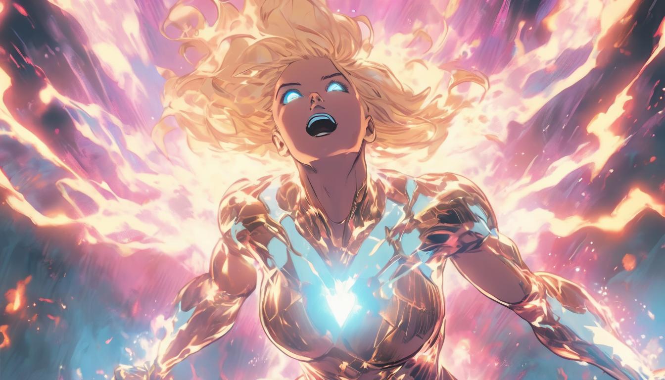  hyperrealism,fantasy aesthetic1woman, large busted attractive arian blonde female humanoid, levitating, surrounded by a glowing aura, hands raised towards the heavens, expression of divine connection, cosmic background, high tech clothing clad in sleek, futuristic costume with metallic accents and form fitting designs, marvel superhero comics style, unreal engine rendering