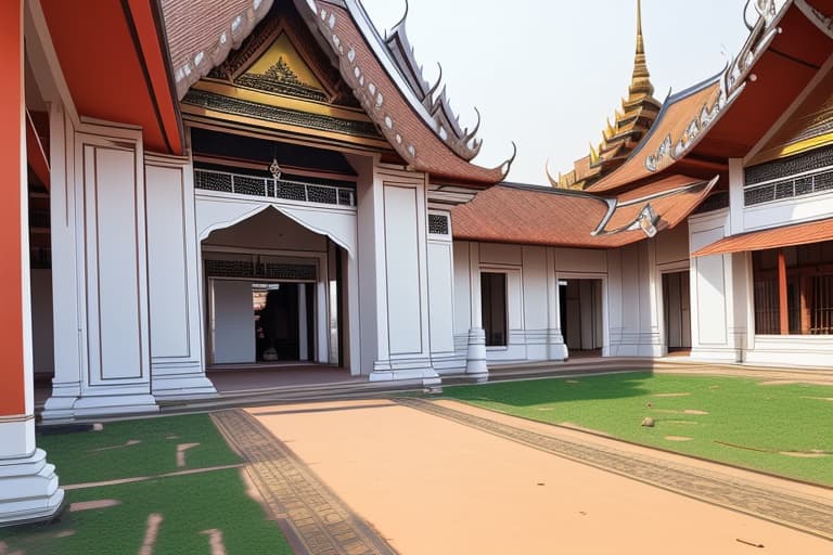  An open area of ​​dirt outside a very old Thai palace.