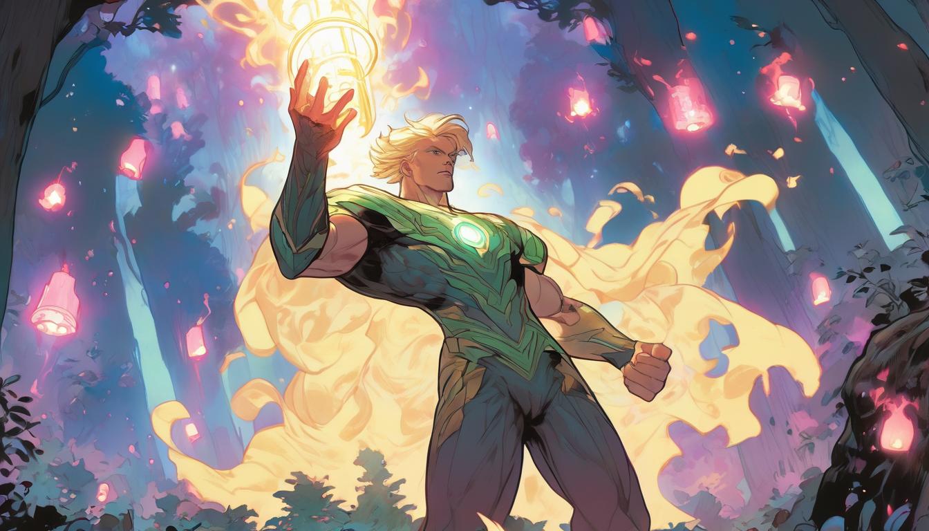  hyperrealism,fantasy aesthetic1man, handsome blonde arian male humanoid, holding a luminous lantern, guiding others through a cosmic forest, illuminating the way, high tech clothing clad in sleek, futuristic costume with metallic accents and form fitting designs, marvel superhero comics style, unreal engine rendering