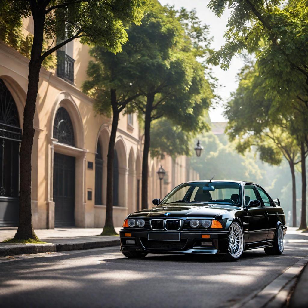  1995 BMW E36 M3 Saloon, black color. Emphasize the sleek design, sporty aesthetics, detailed headlights, signature kidney grille, and sporty alloy wheels. Place the car on a clean street background with good lighting to highlight its features. hyperrealistic, full body, detailed clothing, highly detailed, cinematic lighting, stunningly beautiful, intricate, sharp focus, f/1. 8, 85mm, (centered image composition), (professionally color graded), ((bright soft diffused light)), volumetric fog, trending on instagram, trending on tumblr, HDR 4K, 8K