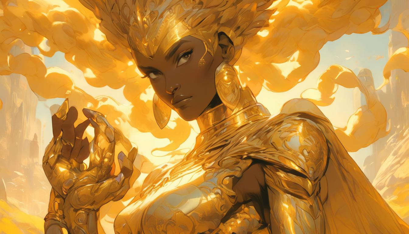  hyperrealism,fantasy aestheticOshun, the African goddess, depicted with intricate golden adornments and flowing garments, exquisite beauty, sense of diplomacy, lush, natural backdrop, serene aura, high tech clothing clad in sleek, futuristic costume with metallic accents and form fitting designs, marvel superhero comics style, unreal engine rendering