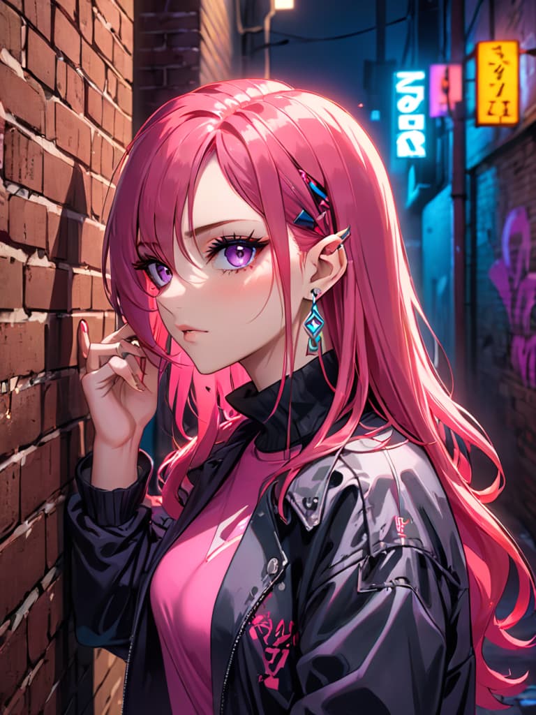  score 9, score 8 up, score 7 up, detailed, 1girl, solo, intricate details, chromatic aberration, realistic, long hair, pink hair, red head ornament, pink highlights, hair over one eye, purple eyes, earrings, sharp eyes, choker, neon shirt, torn legwear, open jacket, turtleneck sweater, night,against wall, brick wall, graffiti, dim lighting, alley, looking at viewer hyperrealistic, full body, detailed clothing, highly detailed, cinematic lighting, stunningly beautiful, intricate, sharp focus, f/1. 8, 85mm, (centered image composition), (professionally color graded), ((bright soft diffused light)), volumetric fog, trending on instagram, trending on tumblr, HDR 4K, 8K