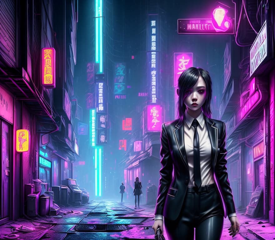  masterpiece, best quality, very aesthetic, absurdres wlop miimalism cinematic lighting 1girl, aged up walking in the alley black suit white collar shirt perspective from above cyberpunk, neon