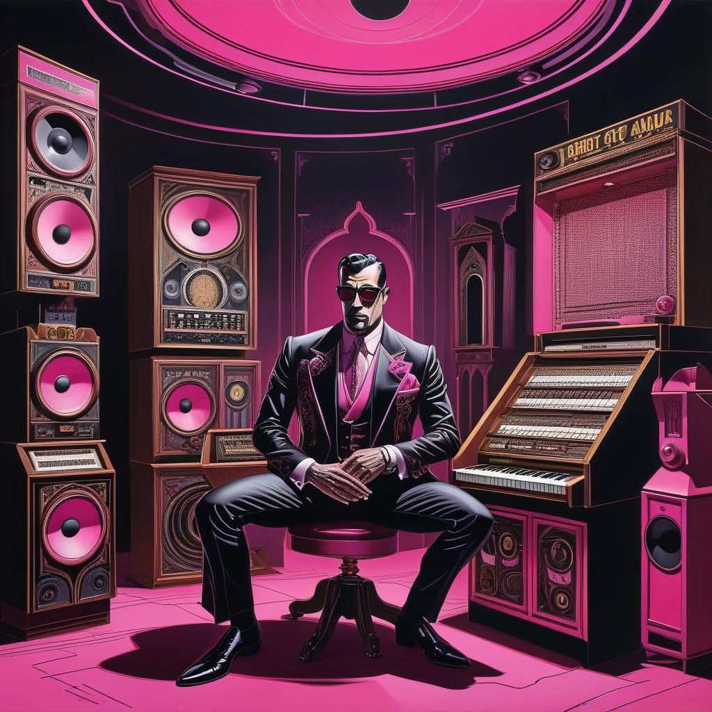  gothic style man sitting in music studio, jazz and jukeboxes illustration by robert gilbert, 1960, in the style of highly stylized figures, pink and black, grotesque characters, collaborative techniques, in the style of jon burgerman . dark, mysterious, haunting, dramatic, ornate, detailed hyperrealistic, full body, detailed clothing, highly detailed, cinematic lighting, stunningly beautiful, intricate, sharp focus, f/1. 8, 85mm, (centered image composition), (professionally color graded), ((bright soft diffused light)), volumetric fog, trending on instagram, trending on tumblr, HDR 4K, 8K