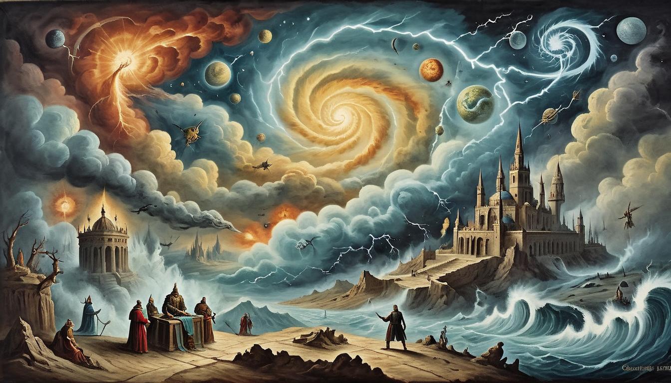  on parchment, surrealism+++, Divine retribution depicted with cosmic storm, intense bolts of judgment, fierce, unyielding, retributive(mysterious, provocative, symbolic,muted color)+++