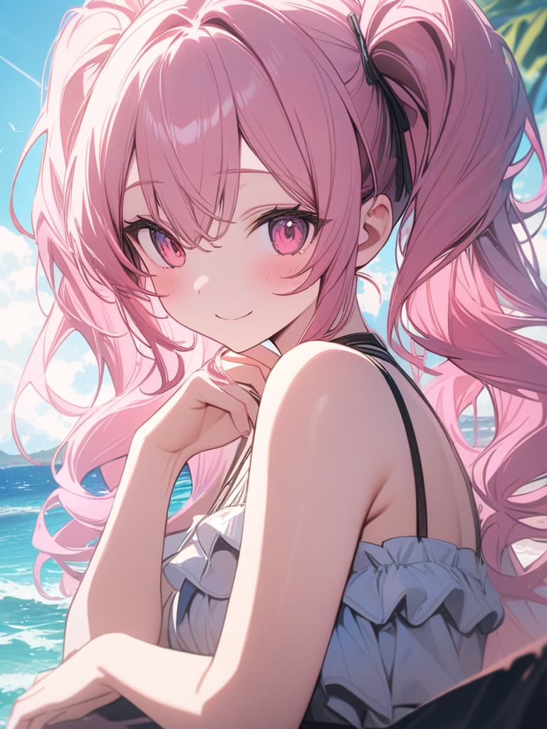  Cute, , big eyes, big s, , sea, beautiful, smiling, swimwear, true pink hair color, pink eyes, twin tails, fluffy hair, , masterpiece, best quality,8k,ultra detailed,high resolution,an extremely delicate and beautiful,hyper detail