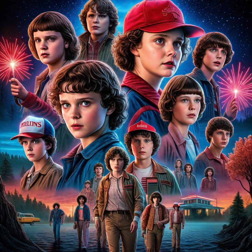  A detailed illustration depicting all the main characters from Stranger Things in one scene. Include Eleven, Mike, Dustin, Lucas, Will, Max, Chief Hopper, Joyce, Steve, Nancy, Jonathan, Billy, Robin, and other notable characters from the series. They should be in a typical setting from the show, perhaps in the town of Hawkins, with elements like the Upside Down, Demogorgons, and iconic places like Hawkins Lab or the Byers' house visible. Make the characters recognizable with their distinctive outfits and features. hyperrealistic, full body, detailed clothing, highly detailed, cinematic lighting, stunningly beautiful, intricate, sharp focus, f/1. 8, 85mm, (centered image composition), (professionally color graded), ((bright soft diffused light)), volumetric fog, trending on instagram, trending on tumblr, HDR 4K, 8K