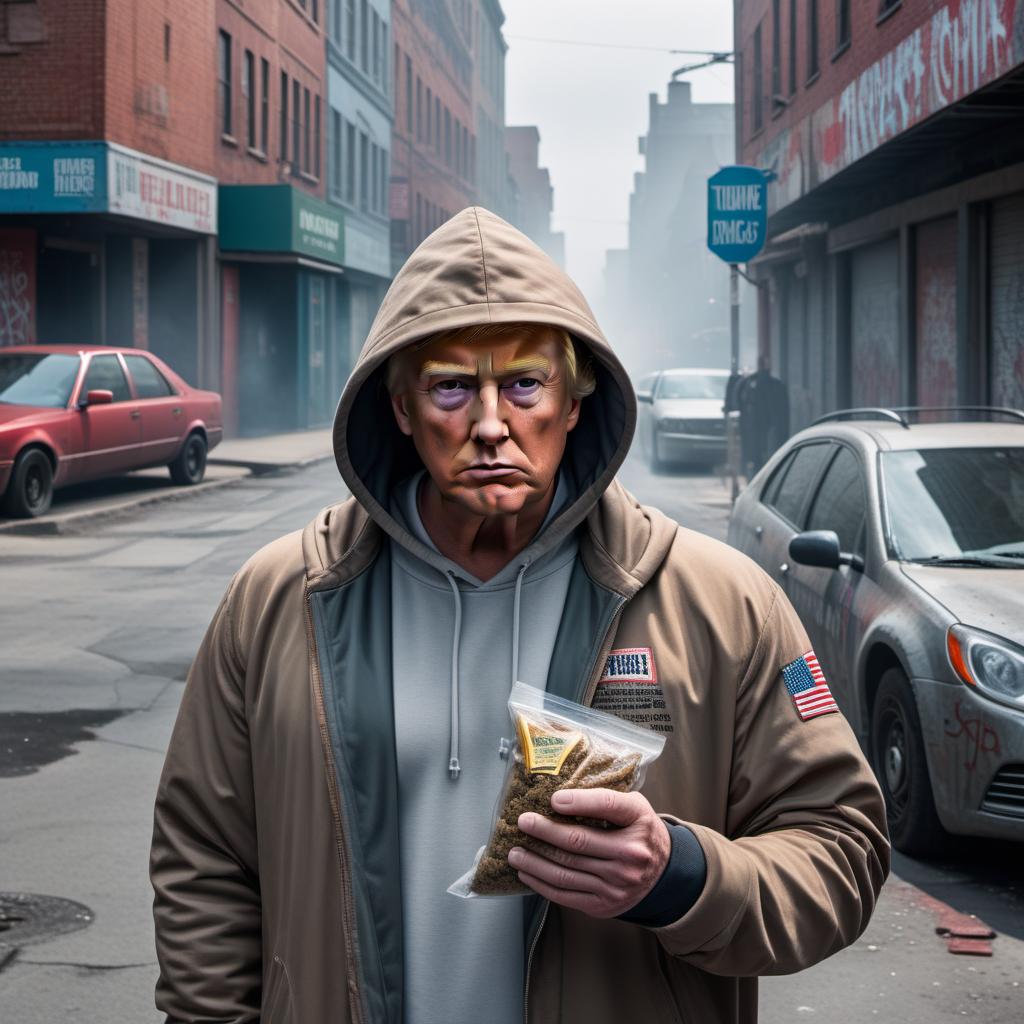  Donald Trump on a street corner selling drugs. He is wearing a hoodie and looking around suspiciously, holding a small bag of what appears to be drugs. The setting is a gritty, urban street with graffiti on the walls, and there's a streetlight casting a shadow over him. The scene should have a humorous and exaggerated feel. hyperrealistic, full body, detailed clothing, highly detailed, cinematic lighting, stunningly beautiful, intricate, sharp focus, f/1. 8, 85mm, (centered image composition), (professionally color graded), ((bright soft diffused light)), volumetric fog, trending on instagram, trending on tumblr, HDR 4K, 8K