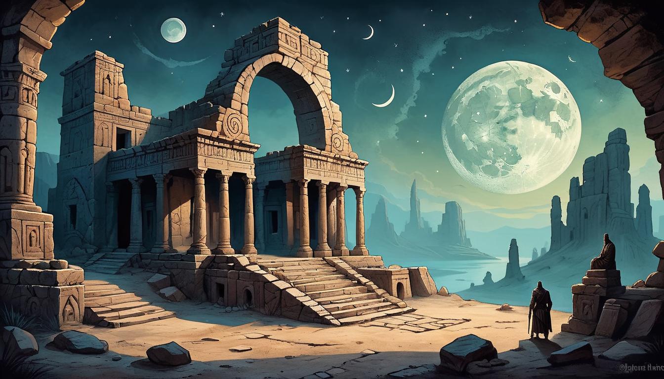  on parchment, surrealism+++, Ancient ruins under a crescent moon, eerie illumination, remnants of a forgotten civilization, stone structures with intricate carvings, shadows playing on weathered surfaces, silence and mystery(mysterious, provocative, symbolic,muted color)+++