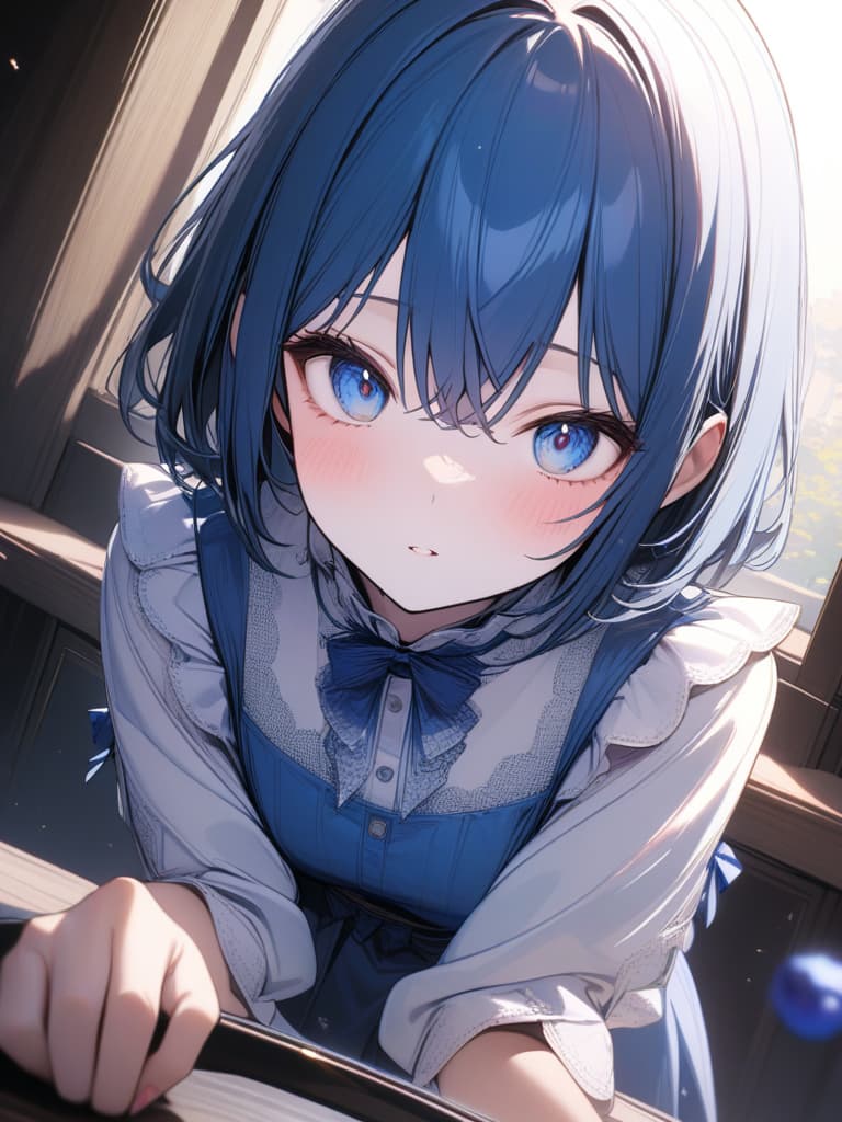  Cute, girl, big eyes, white skin, frill dress, blue hair color, blue eyes, short hair, short bob, blueberry, up, masterpiece, best quality,8k,ultra detailed,high resolution,an extremely delicate and beautiful,hyper detail