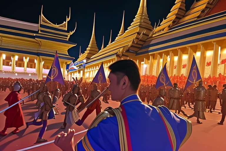  Party at the palace, celebrating victory outside Thai palace in the night sooooo many people There are warriors Look at the picture from a distant perspective.