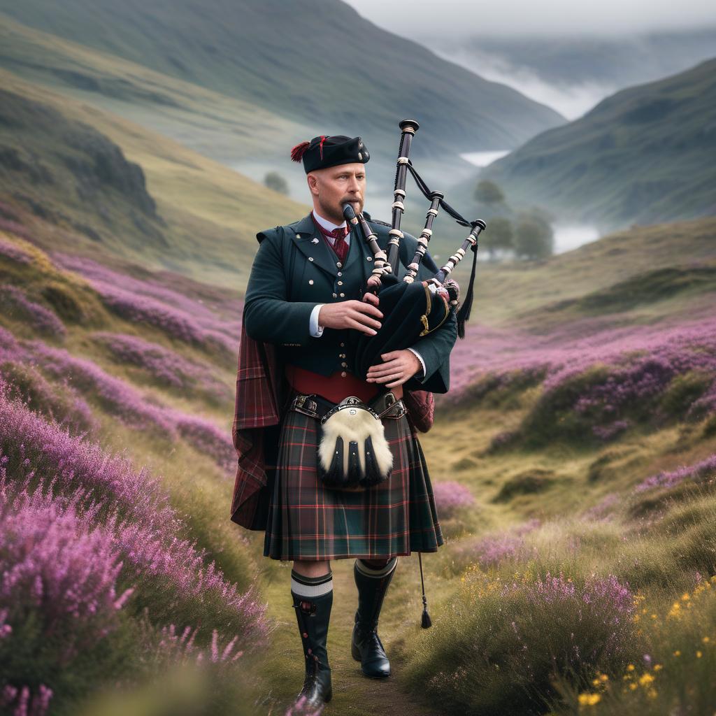  A man in traditional Scottish attire plays the bagpipes amidst a scenic landscape with flowering heather. hyperrealistic, full body, detailed clothing, highly detailed, cinematic lighting, stunningly beautiful, intricate, sharp focus, f/1. 8, 85mm, (centered image composition), (professionally color graded), ((bright soft diffused light)), volumetric fog, trending on instagram, trending on tumblr, HDR 4K, 8K