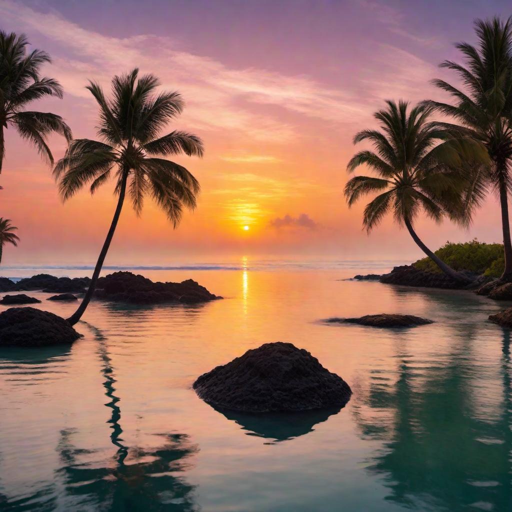  A serene sunset scene with palm trees silhouetted against a colorful sky reflecting in calm ocean waters. hyperrealistic, full body, detailed clothing, highly detailed, cinematic lighting, stunningly beautiful, intricate, sharp focus, f/1. 8, 85mm, (centered image composition), (professionally color graded), ((bright soft diffused light)), volumetric fog, trending on instagram, trending on tumblr, HDR 4K, 8K