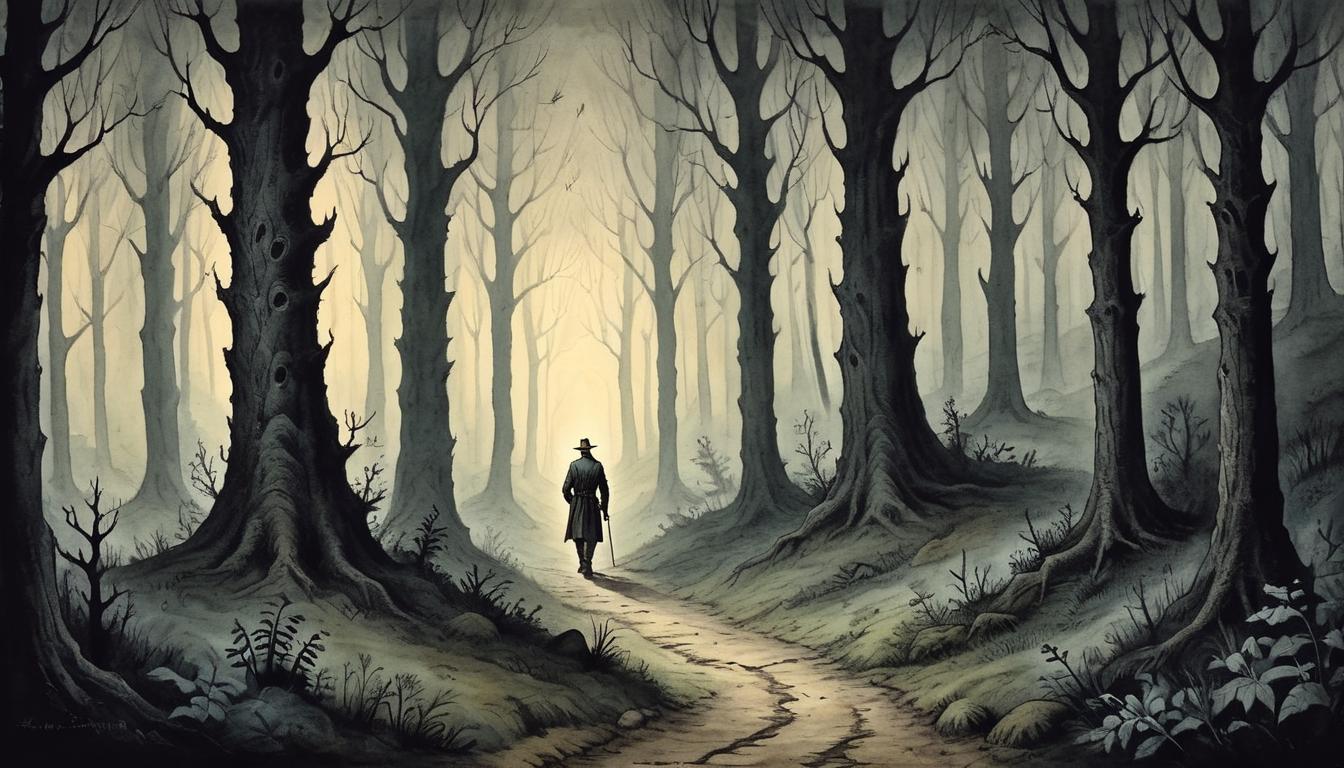  on parchment, surrealism+++, A lone traveler walking on a narrow path through a dark forest, dim light, solitude, introspection, mysterious atmosphere(mysterious, provocative, symbolic,muted color)+++